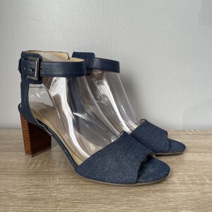 Marc Fisher Y2K Style Denim High Heel Sandals Ankle Strap Navy Blue Block Heel 8